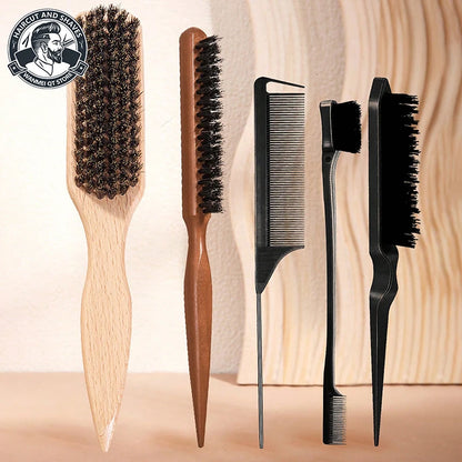6-Piece Hair Brush and Comb Set with Edge Control - Nylon Bristle Brushes for Detangling, Teasing, and Smoothing