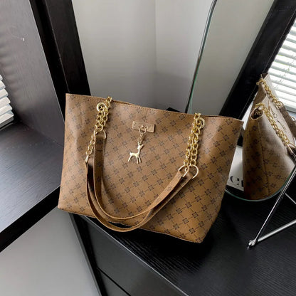 Women Soft Leather Tote Bag Large Capacity Shoulder Handbag with Hanging Charm Accessories