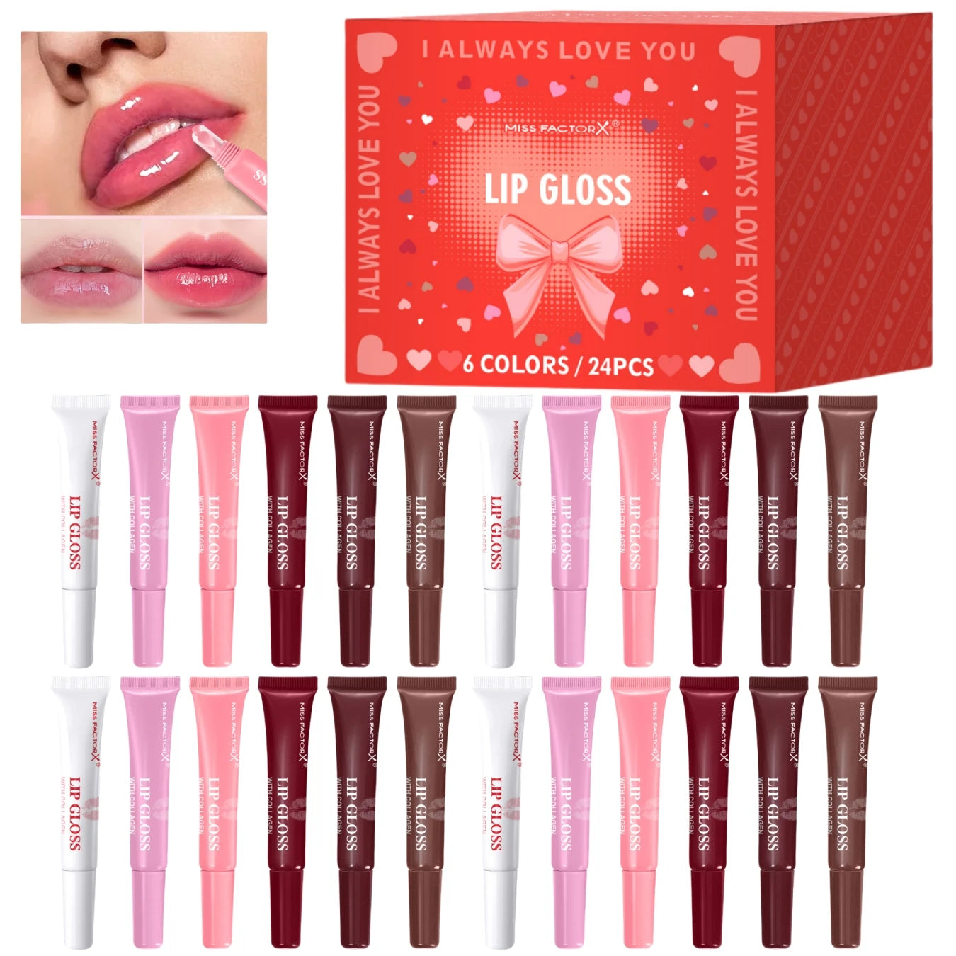 Premium gift set 24PCS/box Lip gloss set Long-lasting moisturizing Lip color modification Perfect gift for women Valentine’s Day