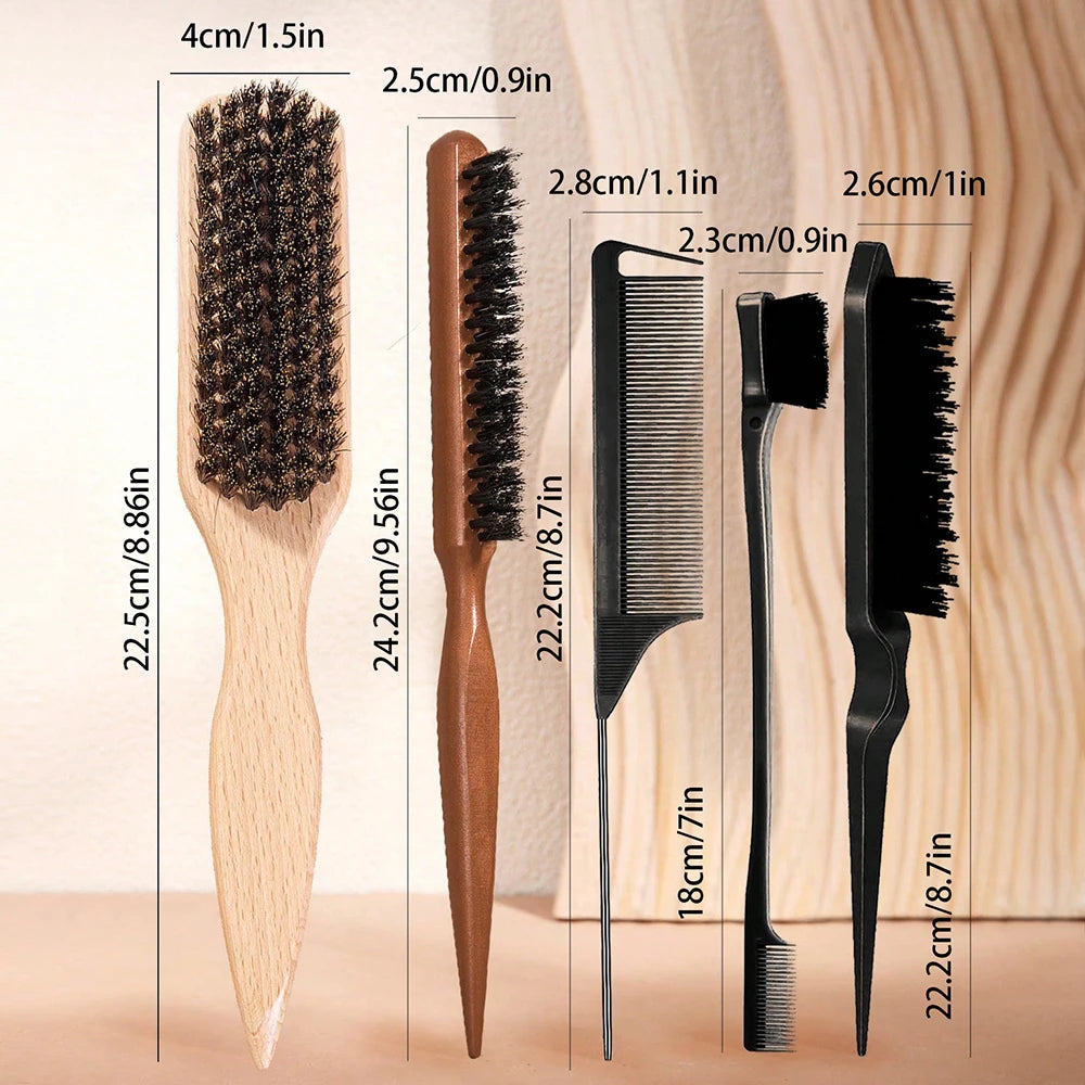 6-Piece Hair Brush and Comb Set with Edge Control - Nylon Bristle Brushes for Detangling, Teasing, and Smoothing