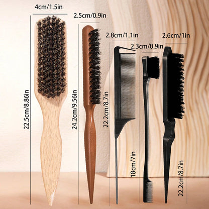 6-Piece Hair Brush and Comb Set with Edge Control - Nylon Bristle Brushes for Detangling, Teasing, and Smoothing