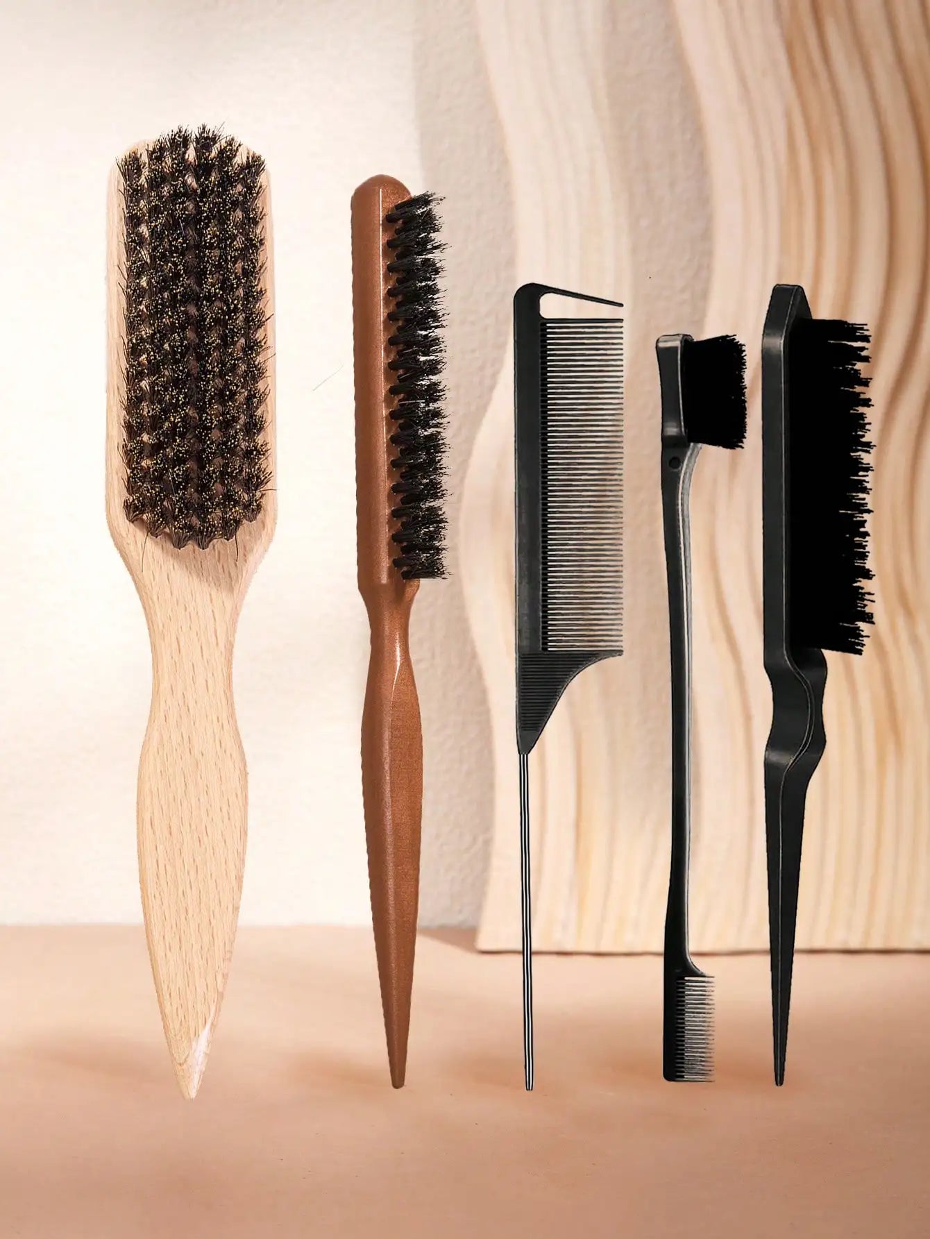 6-Piece Hair Brush and Comb Set with Edge Control - Nylon Bristle Brushes for Detangling, Teasing, and Smoothing