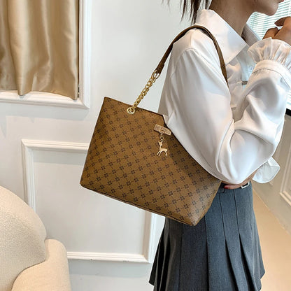 Women Soft Leather Tote Bag Large Capacity Shoulder Handbag with Hanging Charm Accessories