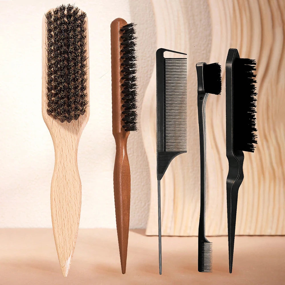 6-Piece Hair Brush and Comb Set with Edge Control - Nylon Bristle Brushes for Detangling, Teasing, and Smoothing